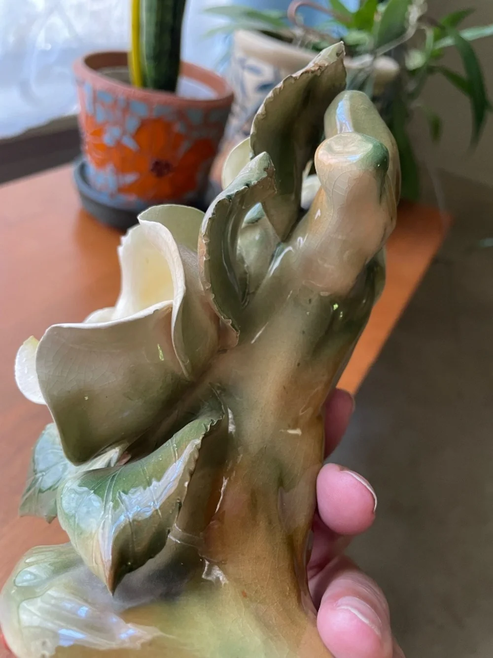 Wm Maddux California Pottery Pink Cockatoo on Stump with Magnolia Flower (broken